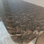 Dark Marble Console Table with Checkered Wood Legs and Polished Metal Frame